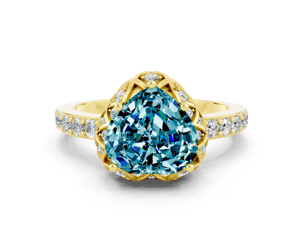 Yellow gold Heart Cut Blue Topaz Scalloped Halo Engagement Ring with Round Shared Prong Band