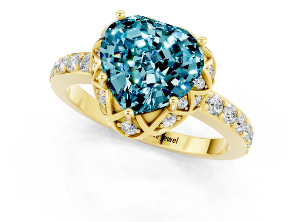Yellow gold Heart Cut Blue Topaz Scalloped Halo Engagement Ring with Round Shared Prong Band