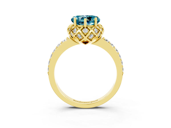 Yellow gold Heart Cut Blue Topaz Scalloped Halo Engagement Ring with Round Shared Prong Band