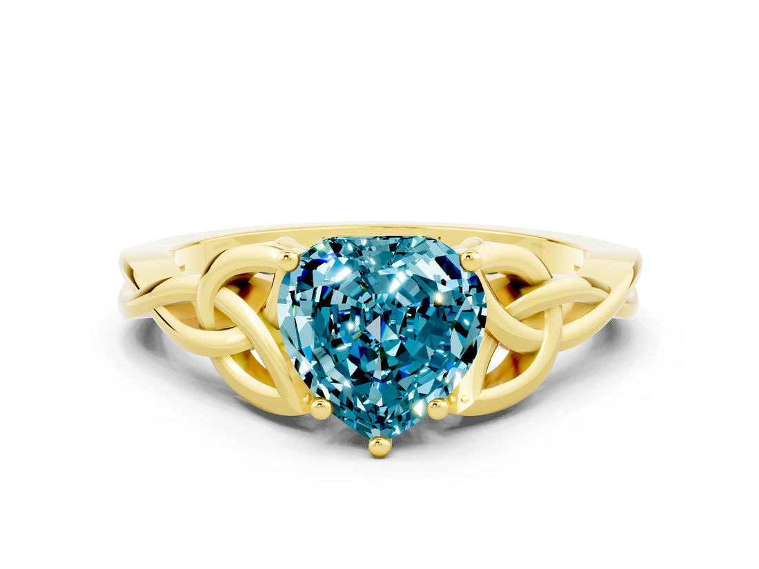Yellow gold Heart Cut Blue Topaz Solitaire Celtic Knot Ring with Four-Prong Setting_12