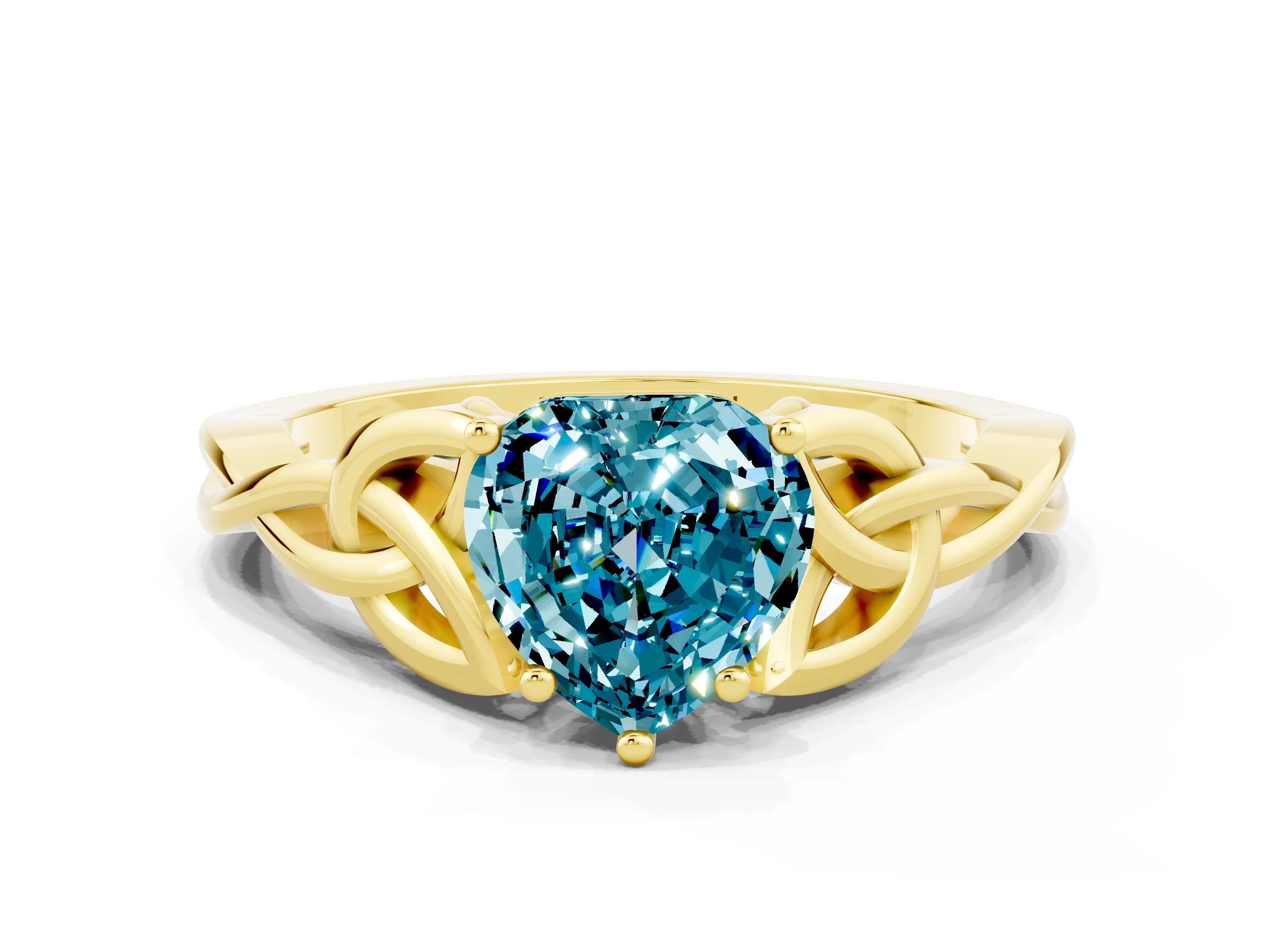 Yellow gold Heart Cut Blue Topaz Solitaire Engagement Ring with Celtic Knot Band and Four-Prong Setting