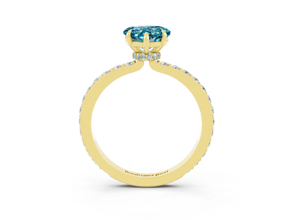 Yellow gold Heart Cut Blue Topaz Solitaire Engagement Ring with Pavé Band and Four-Prong Setting