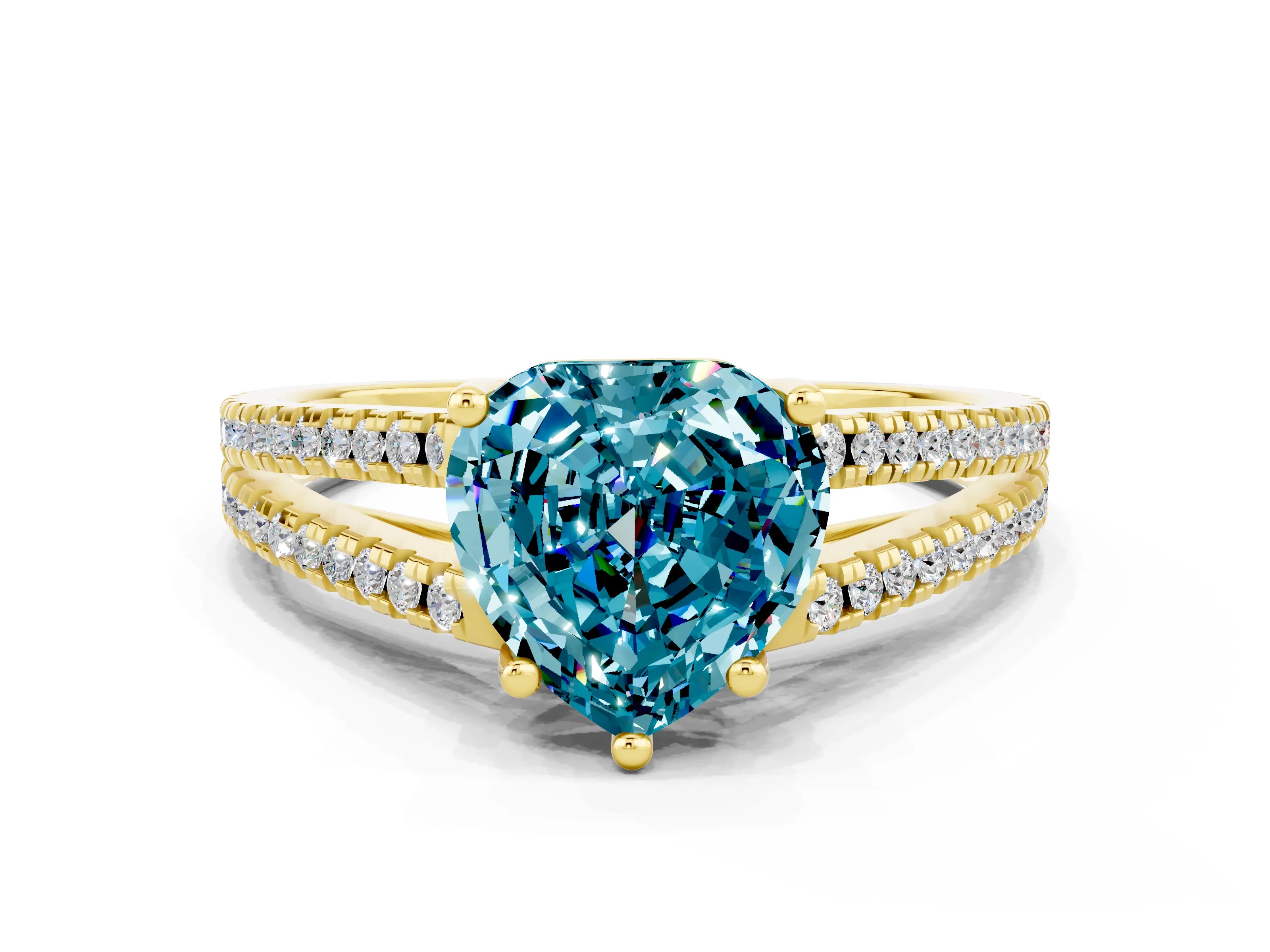 Yellow gold Heart Cut Blue Topaz Solitaire Engagement Ring with Split Shank Pavé Band
