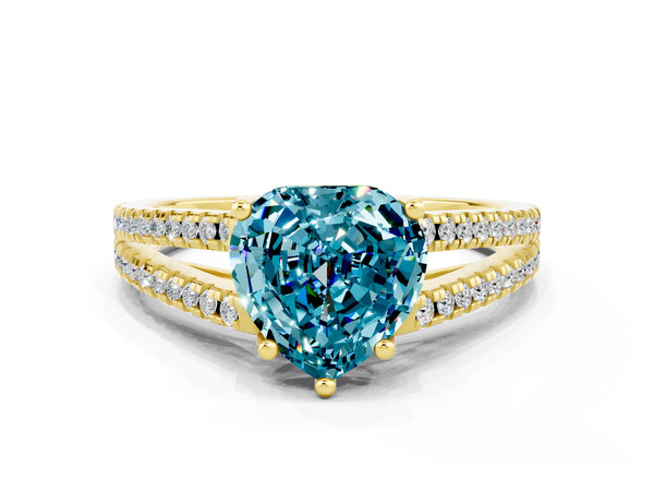 Yellow gold Heart Cut Blue Topaz Solitaire Engagement Ring with Split Shank Pavé Band