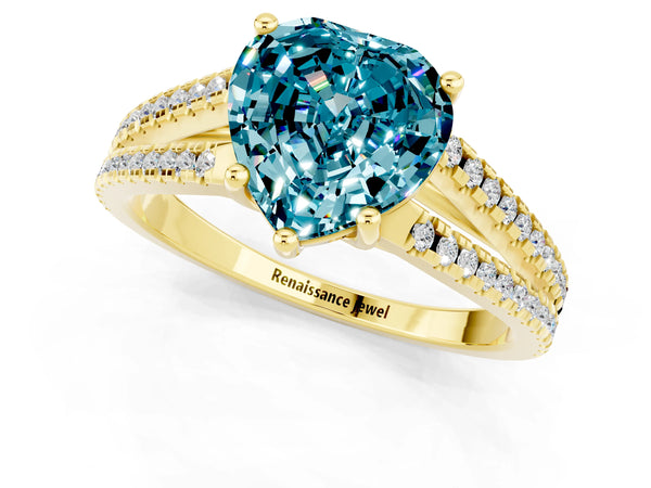 Yellow gold Heart Cut Blue Topaz Solitaire Engagement Ring with Split Shank Pavé Band