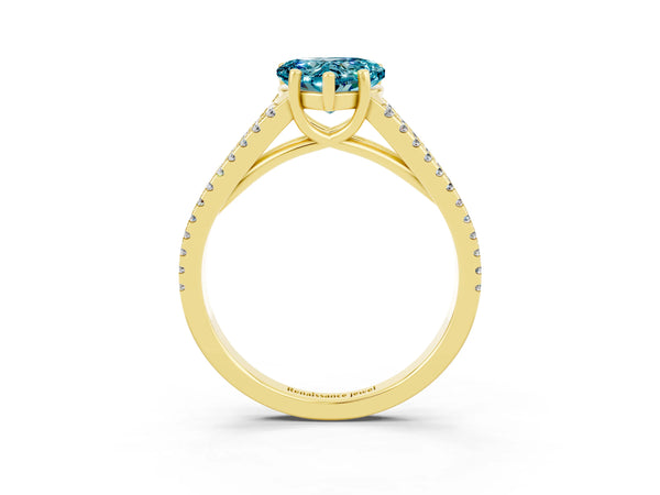 Yellow gold Heart Cut Blue Topaz Solitaire Engagement Ring with Split Shank Pavé Band