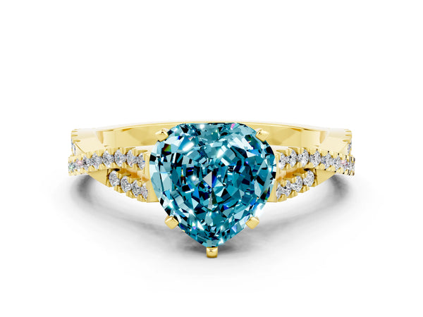 Yellow gold Heart Cut Blue Topaz Solitaire Engagement Ring with Twisted Pavé Band and Four-Prong Setting