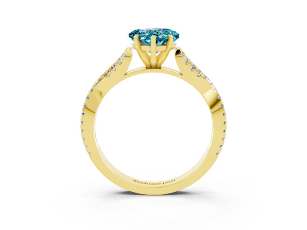 Yellow gold Heart Cut Blue Topaz Solitaire Engagement Ring with Twisted Pavé Band and Four-Prong Setting