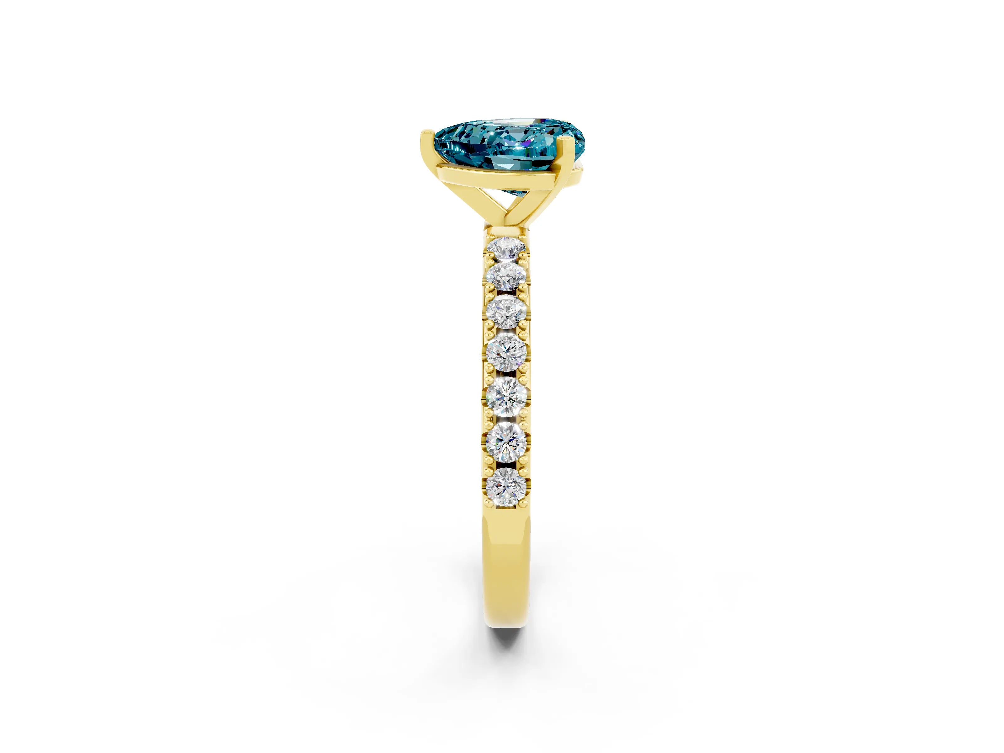 Yellow gold Heart Cut Blue Topaz Solitaire Pavé Band with Four-Prong Setting