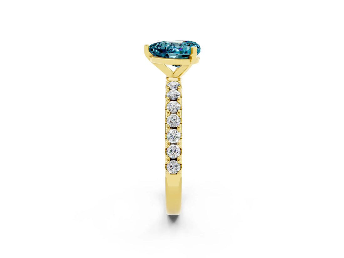Yellow gold Heart Cut Blue Topaz Solitaire Pavé Band with Four-Prong Setting