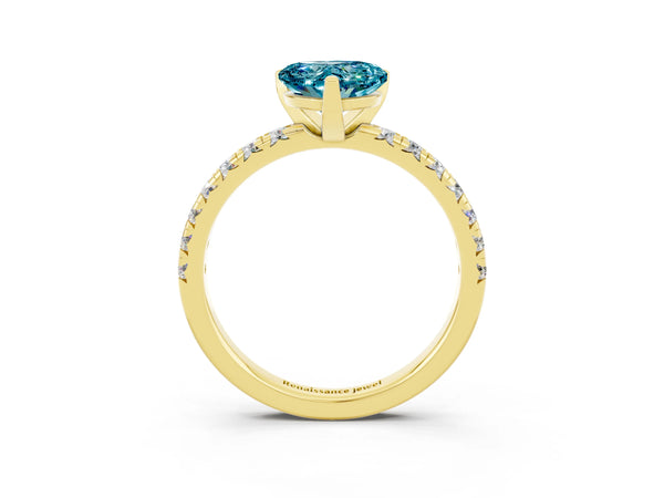 Yellow gold Heart Cut Blue Topaz Solitaire Pavé Engagement Ring with Round Band and Prong Setting