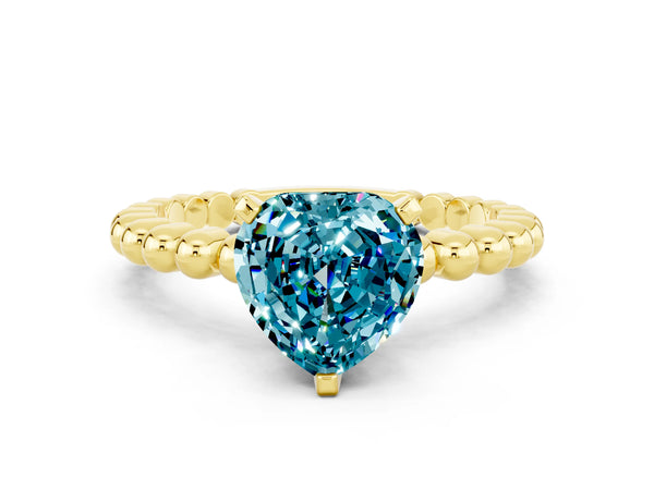 Yellow gold Heart Cut Blue Topaz Solitaire Ring with Beaded Band and Prong Setting