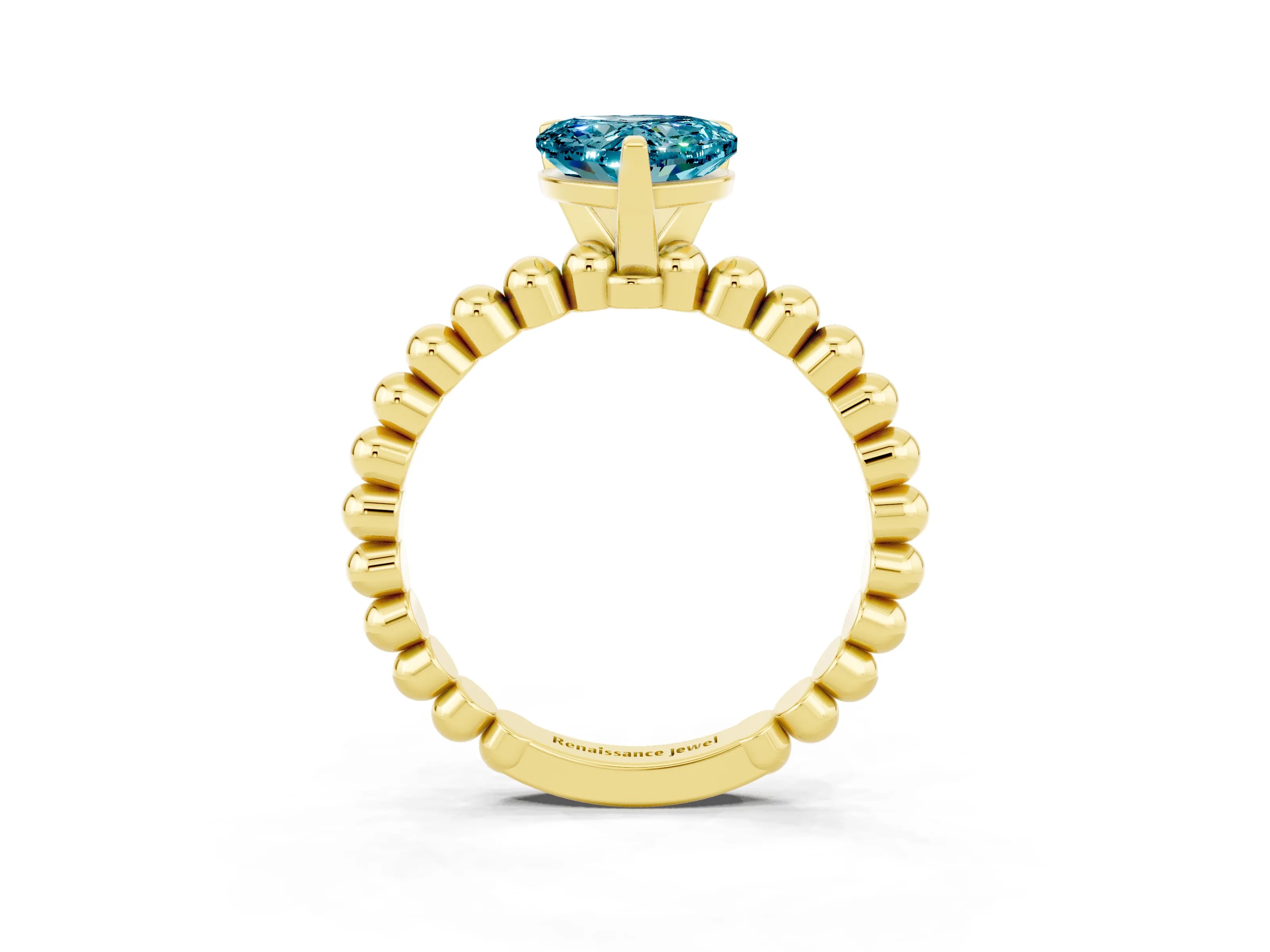 Yellow gold Heart Cut Blue Topaz Solitaire Ring with Beaded Band and Prong Setting_3