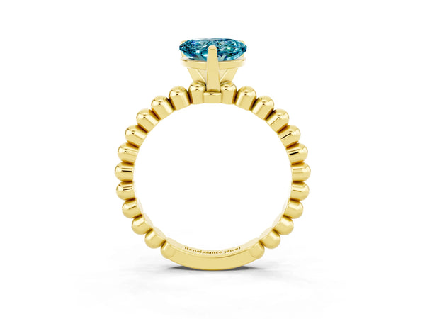 Yellow gold Heart Cut Blue Topaz Solitaire Ring with Beaded Band and Prong Setting