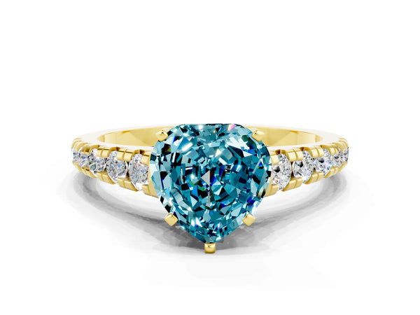 Yellow gold Heart Cut Blue Topaz Cathedral Solitaire Ring with Round  Pavé Band
