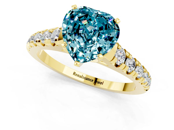 Yellow gold Heart Cut Blue Topaz Cathedral Solitaire Ring with Round  Pavé Band