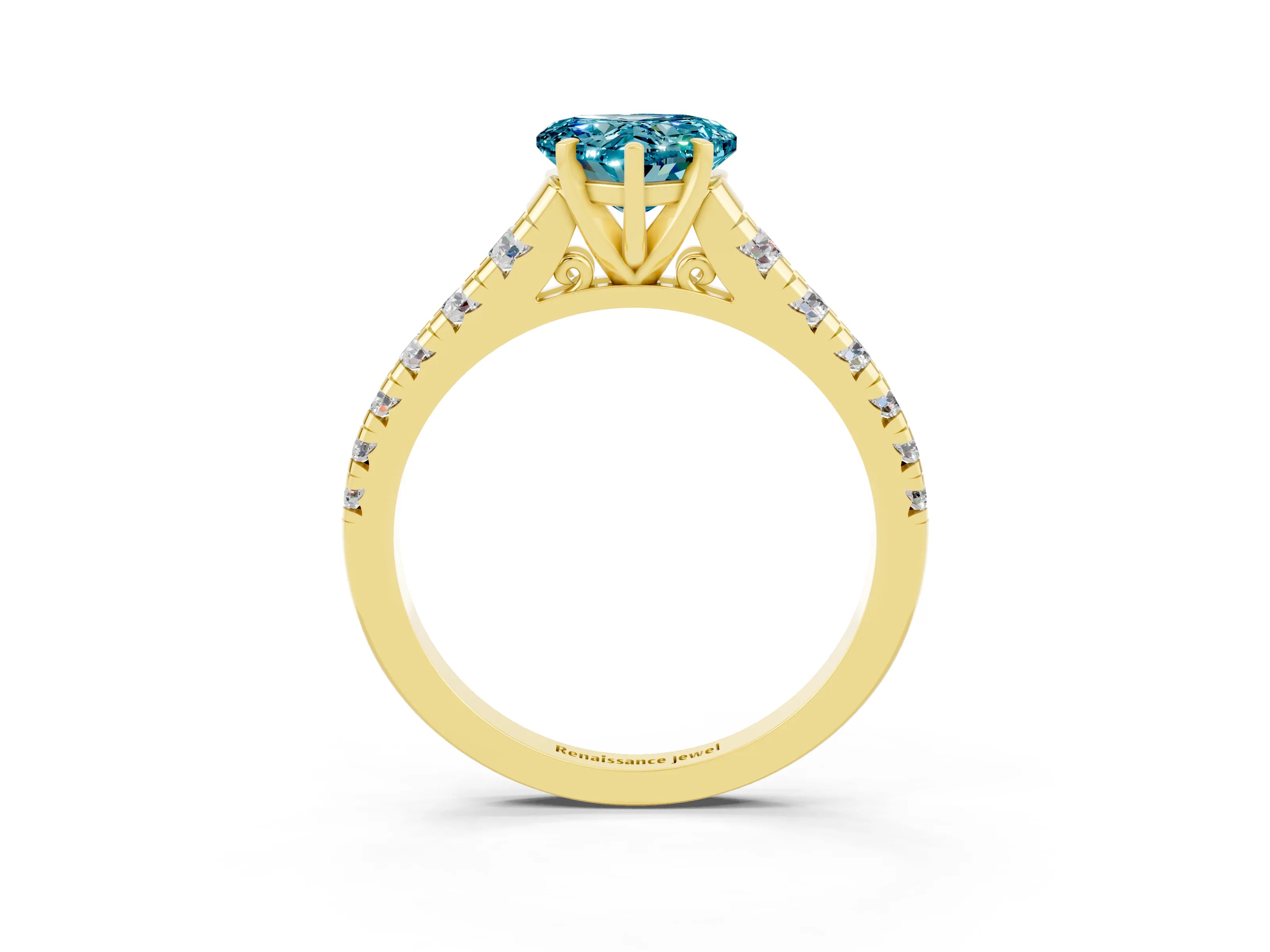 Yellow gold Heart Cut Blue Topaz Solitaire Ring with Cathedral Setting and Pavé Band_3