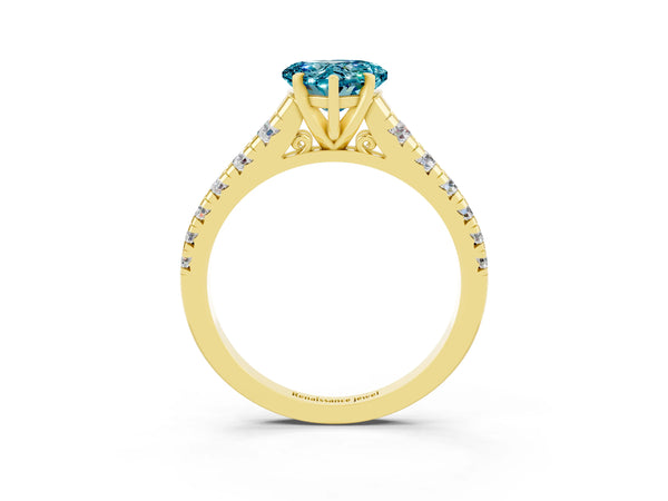 Yellow gold Heart Cut Blue Topaz Cathedral Solitaire Ring with Round  Pavé Band