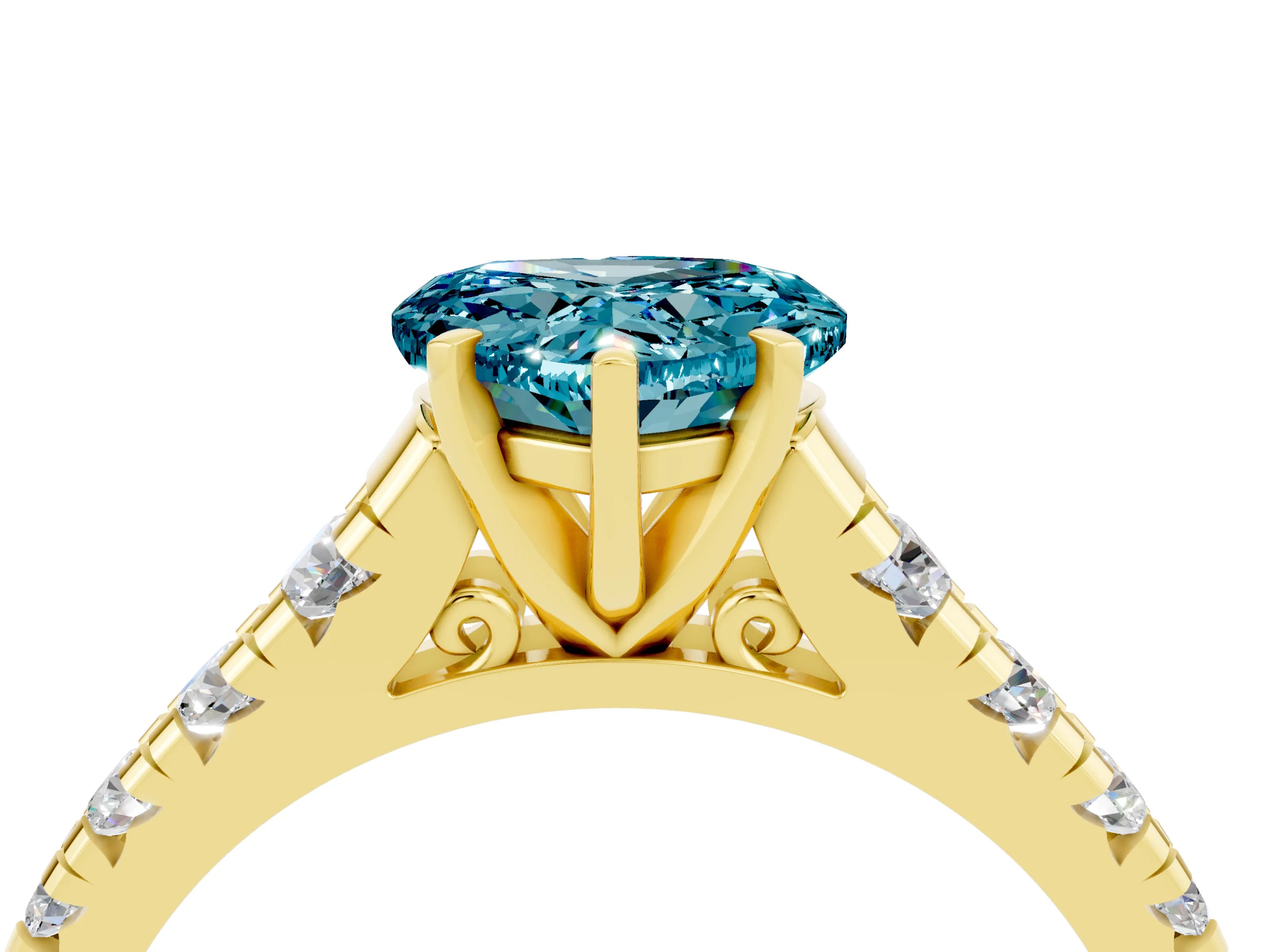 Yellow gold Heart Cut Blue Topaz Solitaire Ring with Cathedral Setting and Pavé Band_4