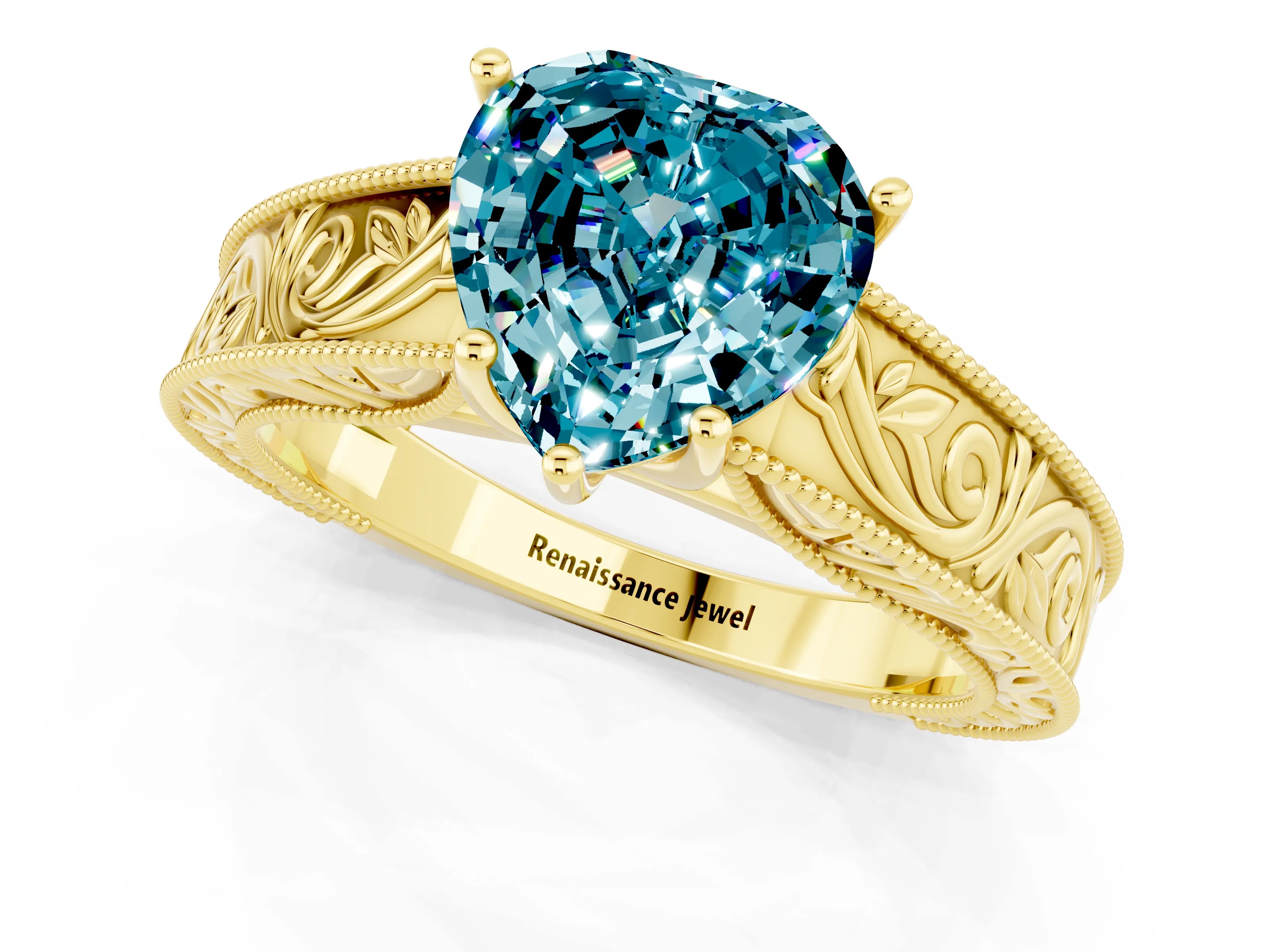 Yellow gold Heart Cut Blue Topaz Solitaire Ring with Engraved Band and Four-Prong Setting_1
