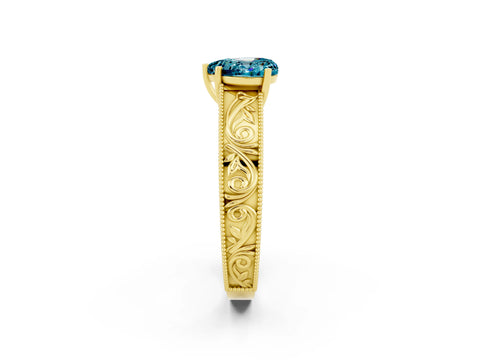 Yellow gold Heart Cut Blue Topaz Solitaire Ring with Engraved Band and Four-Prong Setting_2