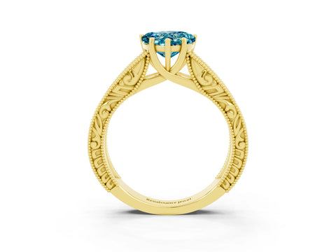 Yellow gold Heart Cut Blue Topaz Solitaire Ring with Engraved Band and Four-Prong Setting_3