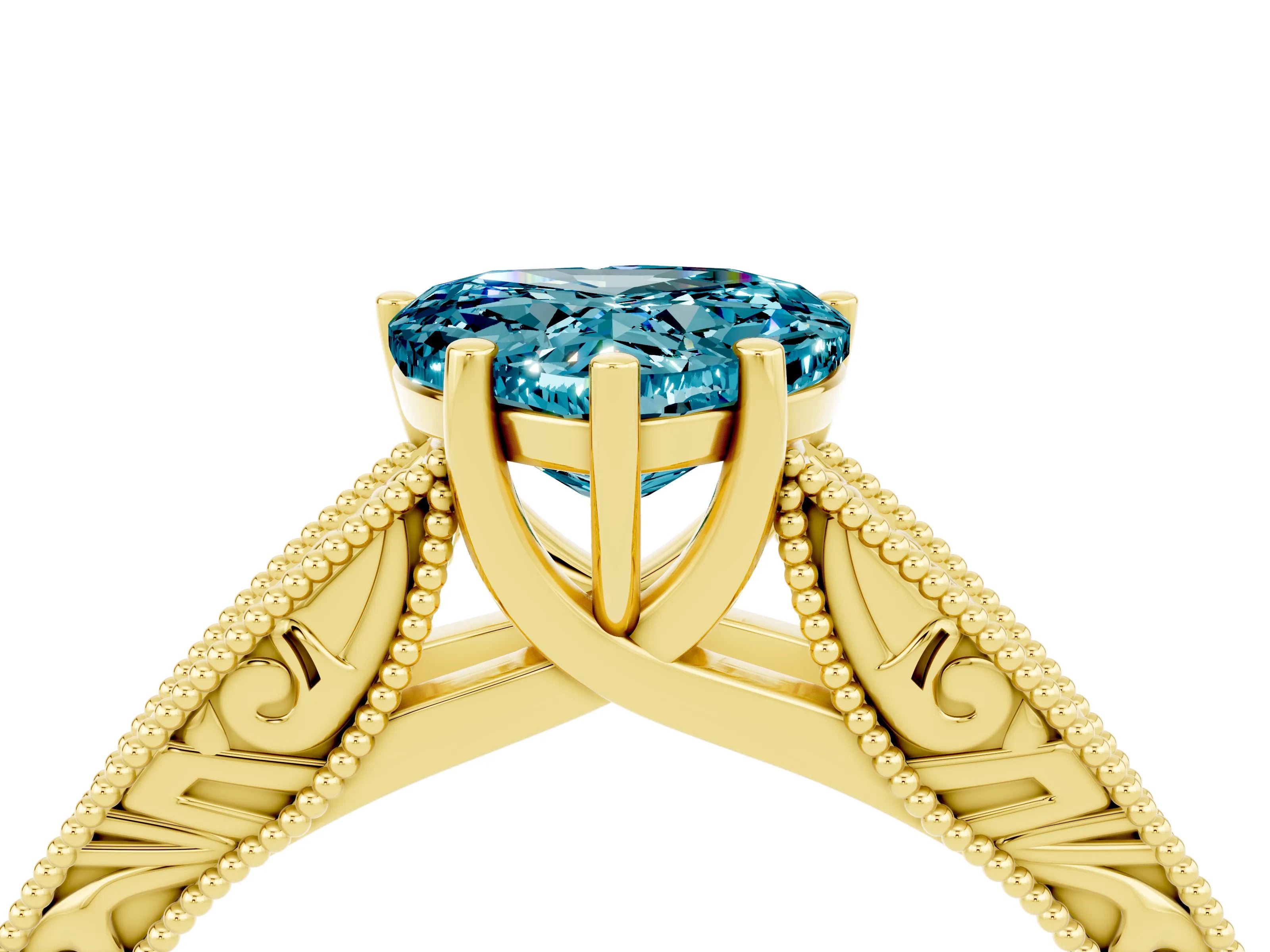 Yellow gold Heart Cut Blue Topaz Solitaire Ring with Engraved Band and Four-Prong Setting_4