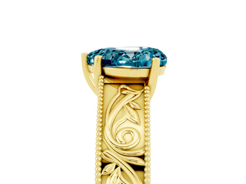 Yellow gold Heart Cut Blue Topaz Solitaire Ring with Engraved Band and Four-Prong Setting_5