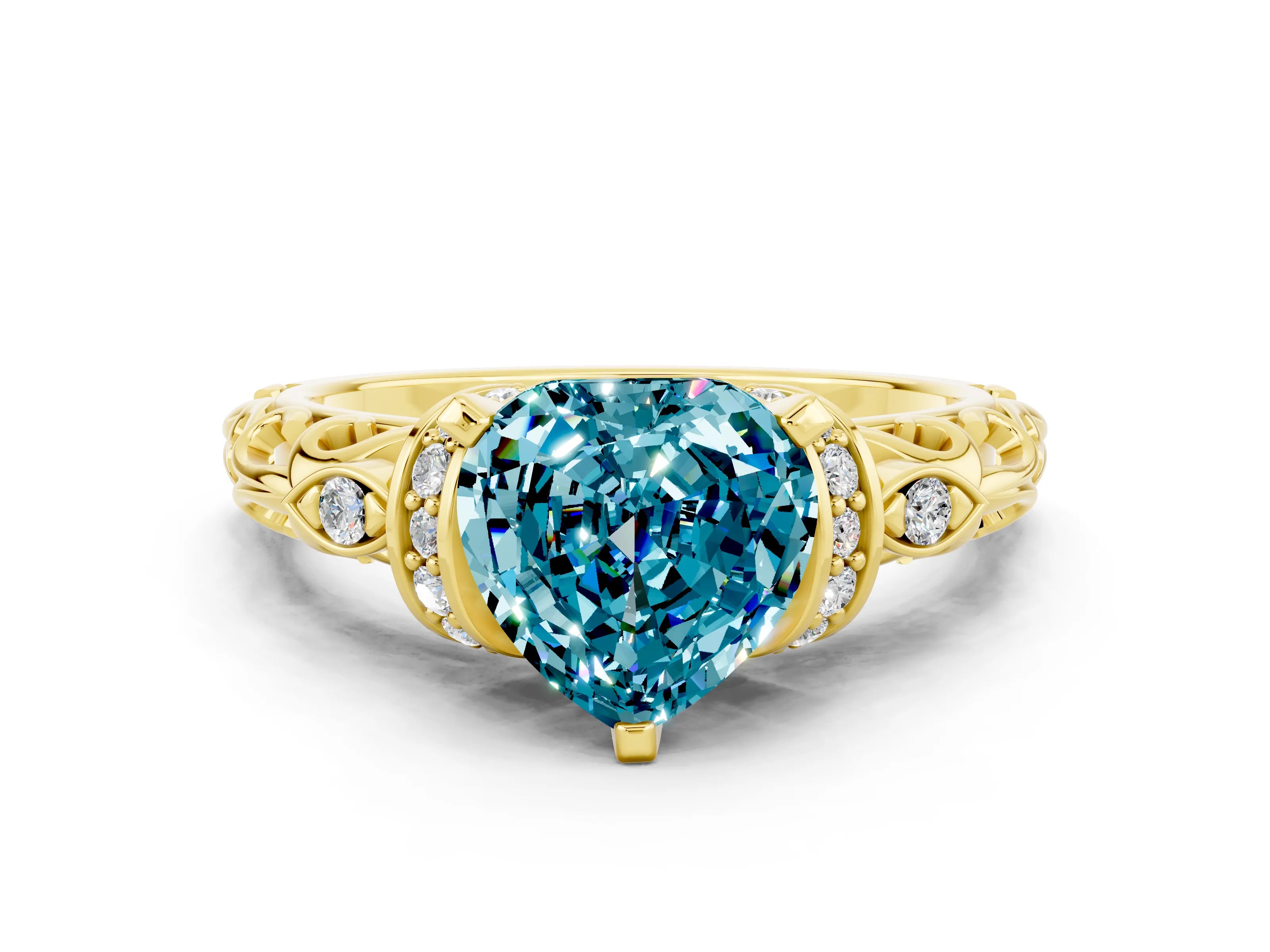 Yellow gold Heart Cut Blue Topaz Solitaire Ring with Filigree Band and Four-Prong Setting_24