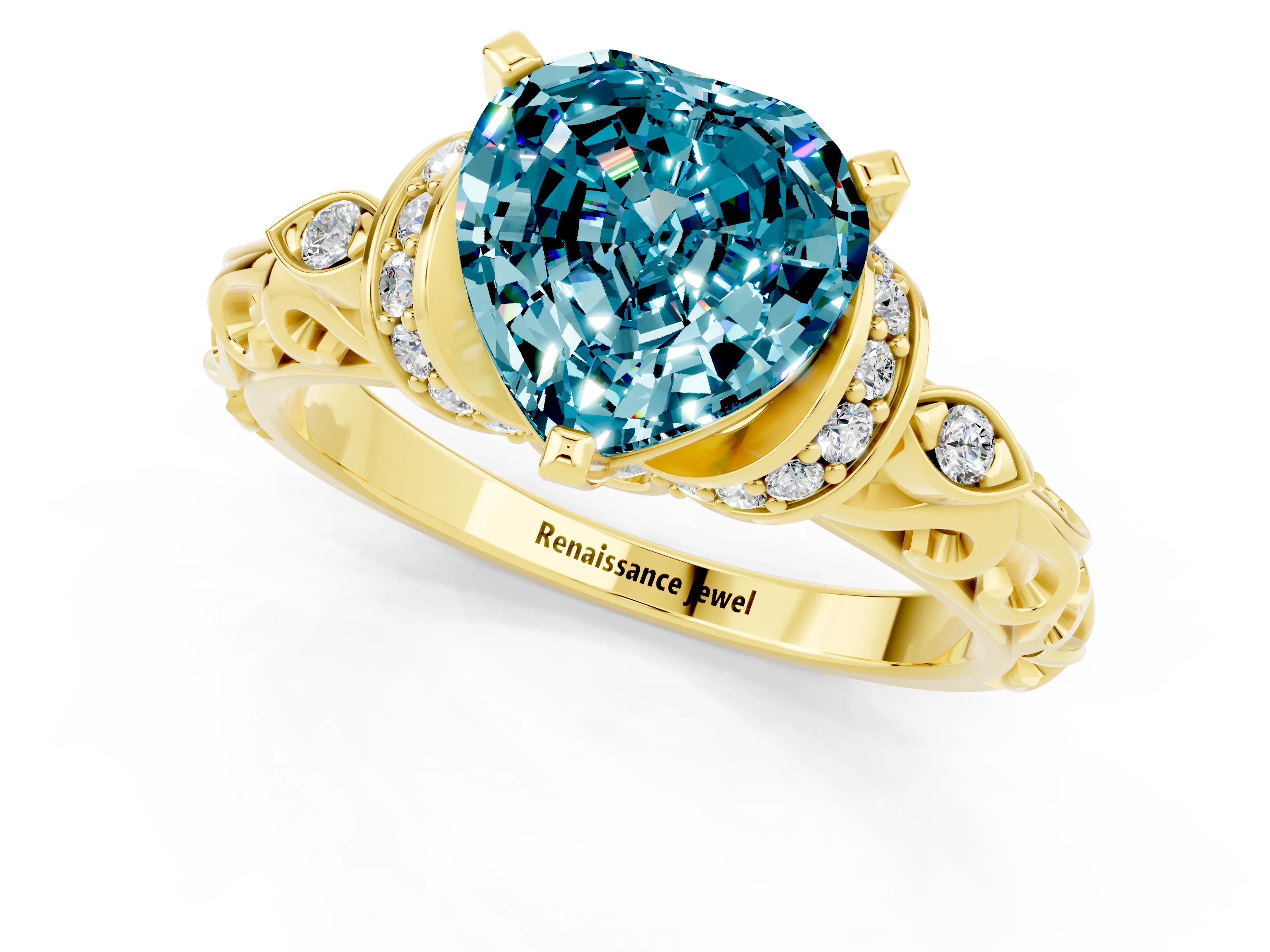 Yellow gold Heart Cut Blue Topaz Solitaire Ring with Filigree Band and Four-Prong Setting_25