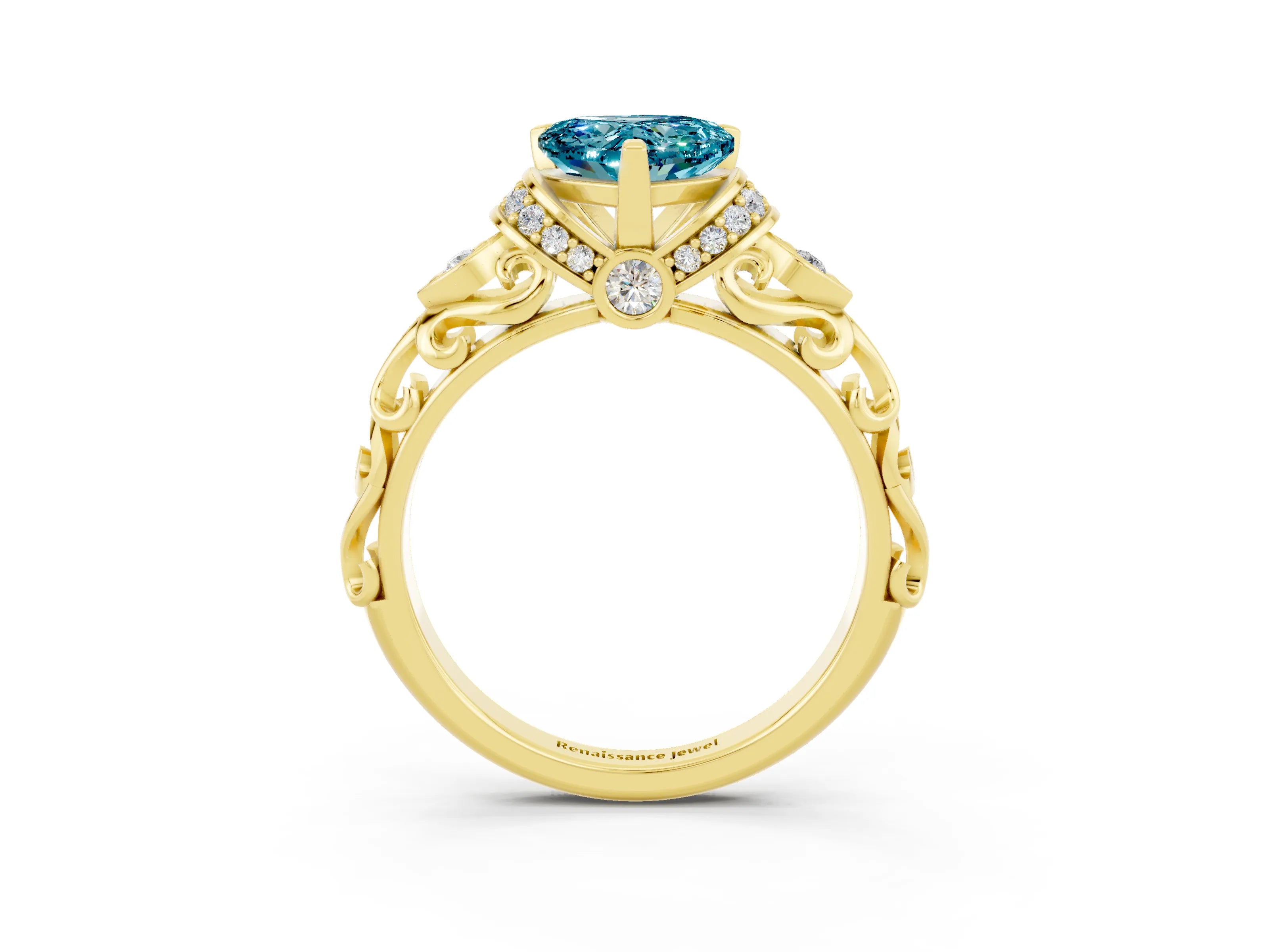 Yellow gold Heart Cut Blue Topaz Solitaire Ring with Filigree Band and Four-Prong Setting_27