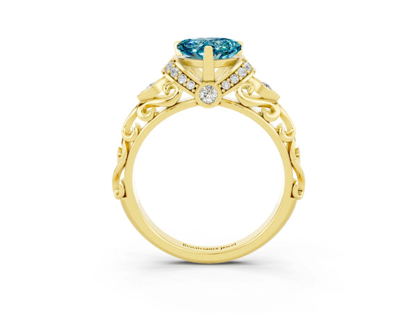 Yellow gold Heart Cut Blue Topaz Solitaire Ring with Filigree Band and Four-Prong Setting
