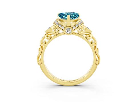 Yellow gold Heart Cut Blue Topaz Solitaire Ring with Filigree Band and Four-Prong Setting_27