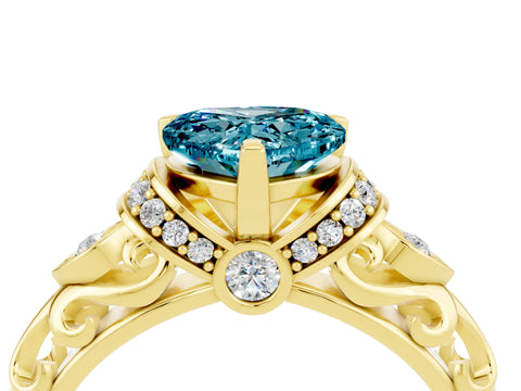 Yellow gold Heart Cut Blue Topaz Solitaire Ring with Filigree Band and Four-Prong Setting_28