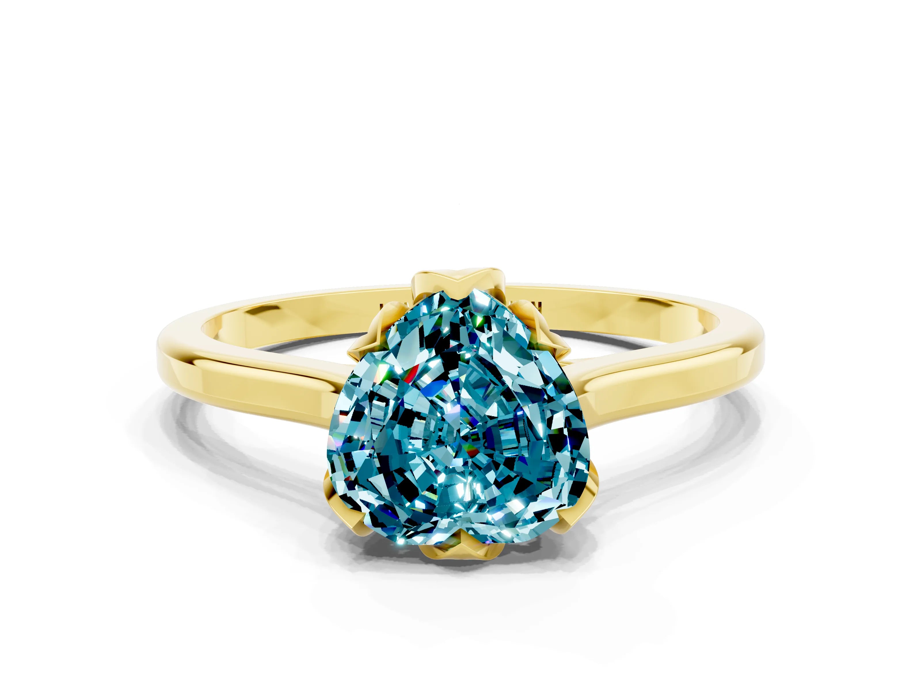Yellow gold Heart Cut Blue Topaz Solitaire Ring with Flower Prong Setting and Classic Band_12
