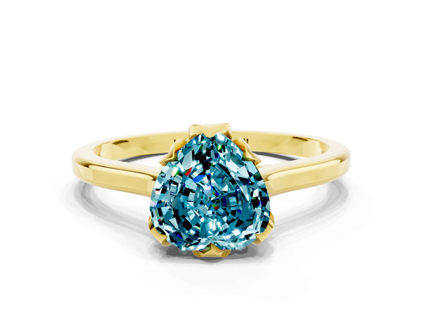 Yellow gold Heart Cut Blue Topaz Solitaire Ring with Flower Prong Setting and Classic Band