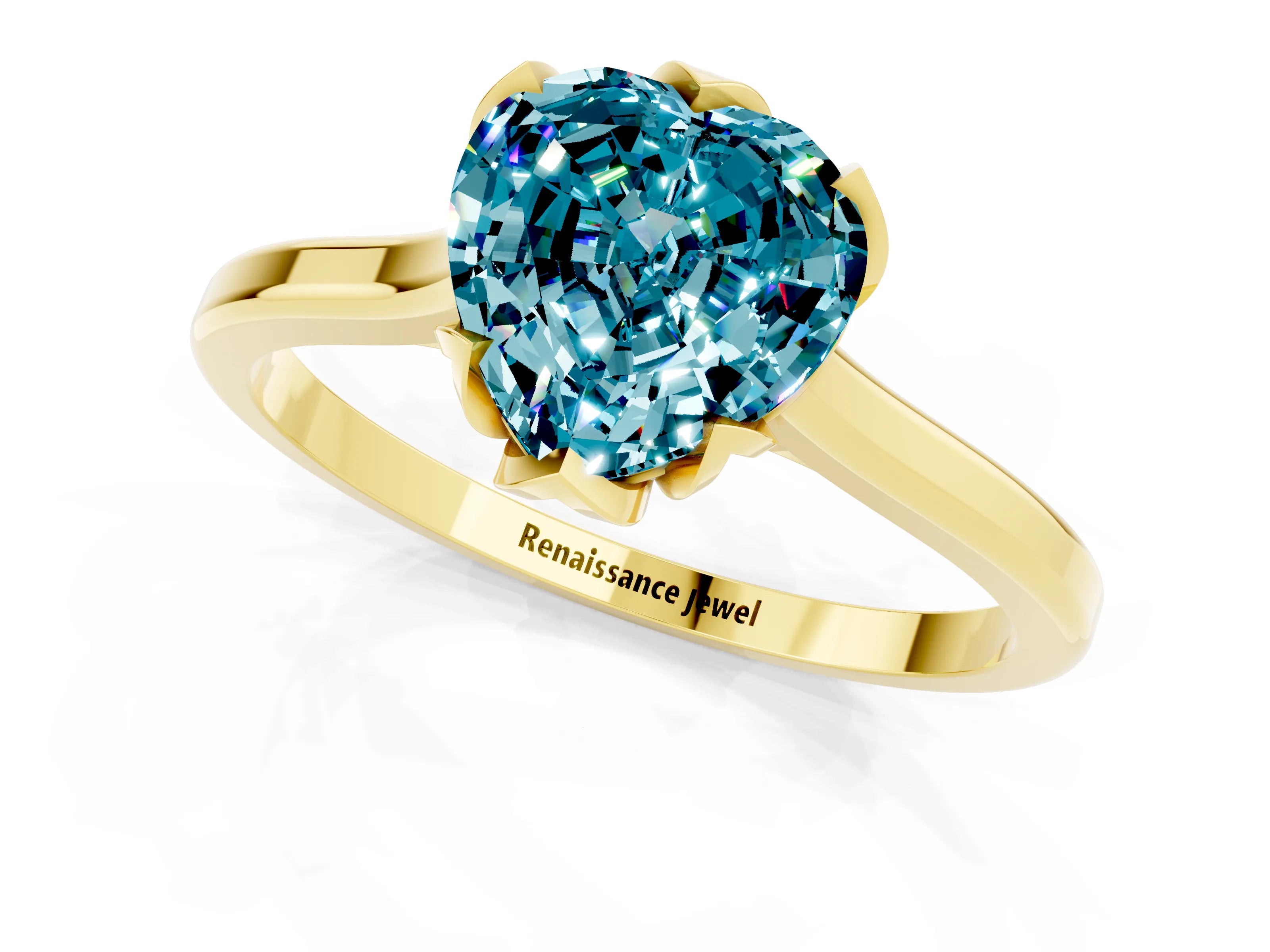 Yellow gold Heart Cut Blue Topaz Solitaire Ring with Flower Prong Setting and Classic Band_13