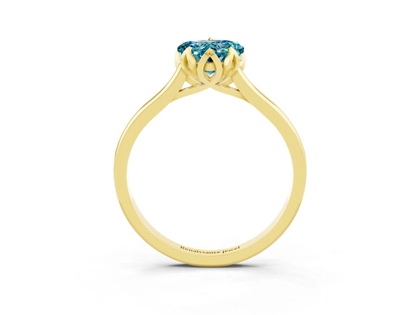 Yellow gold Heart Cut Blue Topaz Solitaire Ring with Flower Prong Setting and Classic Band