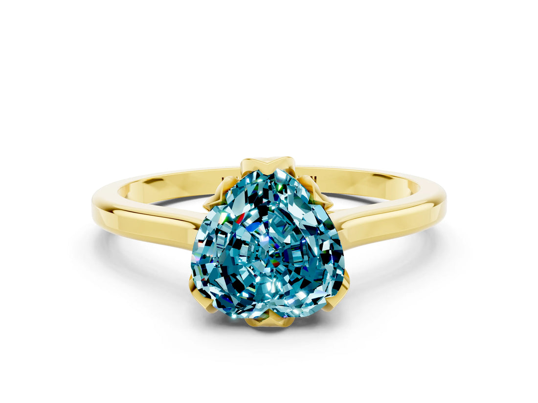 Yellow gold Heart Cut Blue Topaz Solitaire Ring with Flower Prong Setting and Classic Band_36