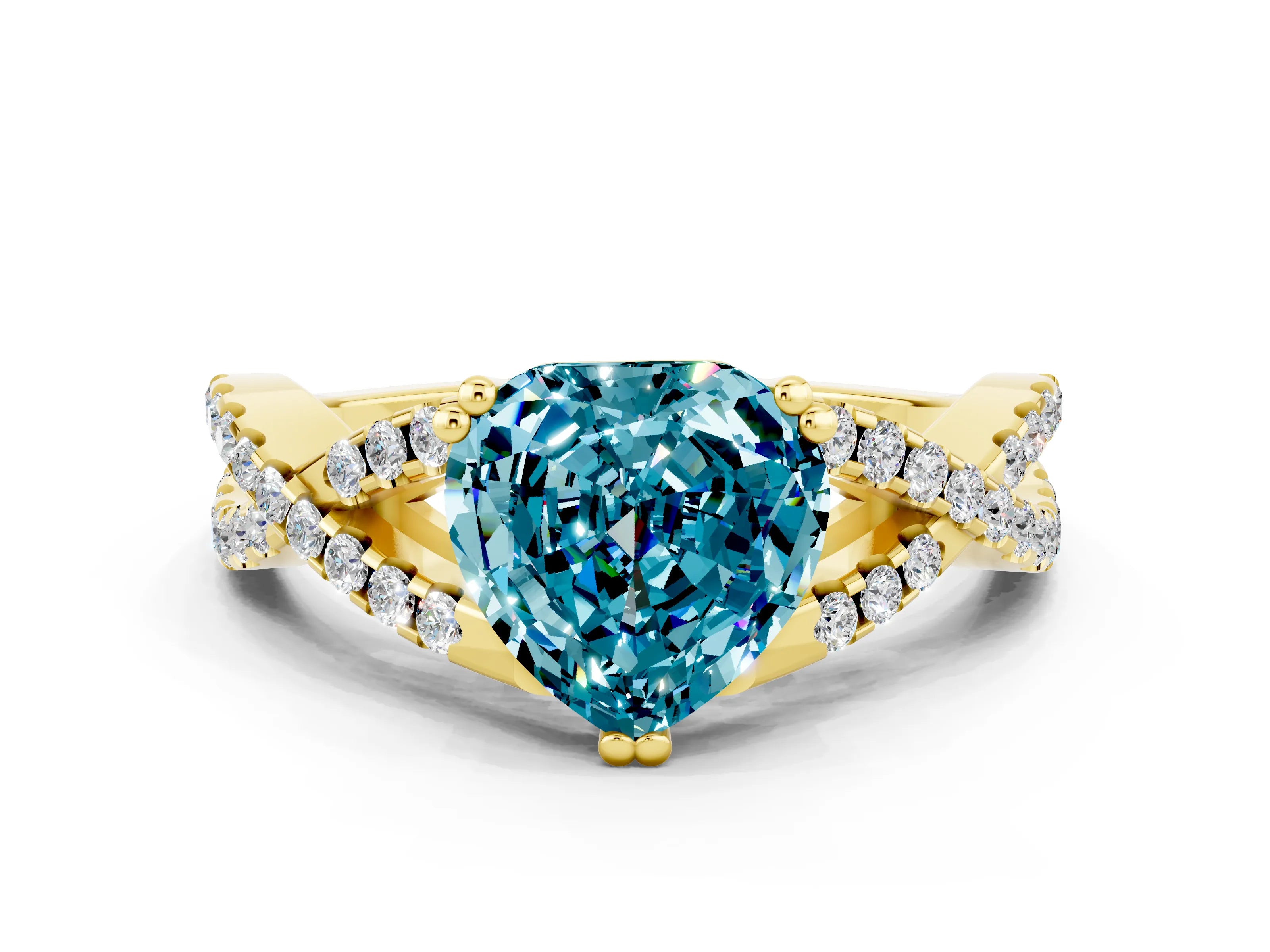 Yellow gold Heart Cut Blue Topaz Solitaire Ring with Four-Prong Setting and Twisted Pavé Band