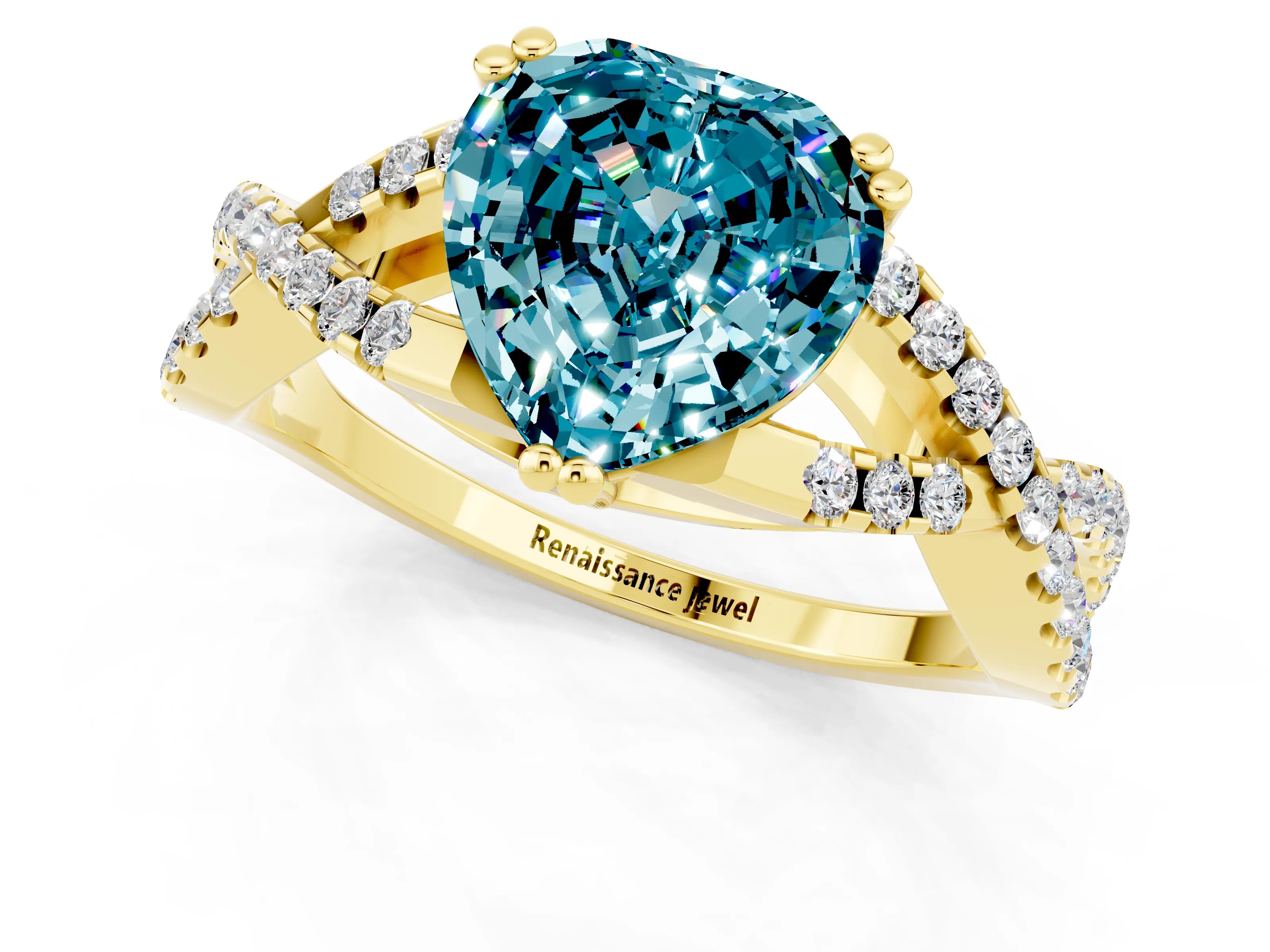 Yellow gold Heart Cut Blue Topaz Solitaire Ring with Four-Prong Setting and Twisted Pavé Band_1