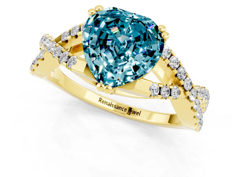 Yellow gold Heart Cut Blue Topaz Solitaire Ring with Four-Prong Setting and Twisted Pavé Band_1
