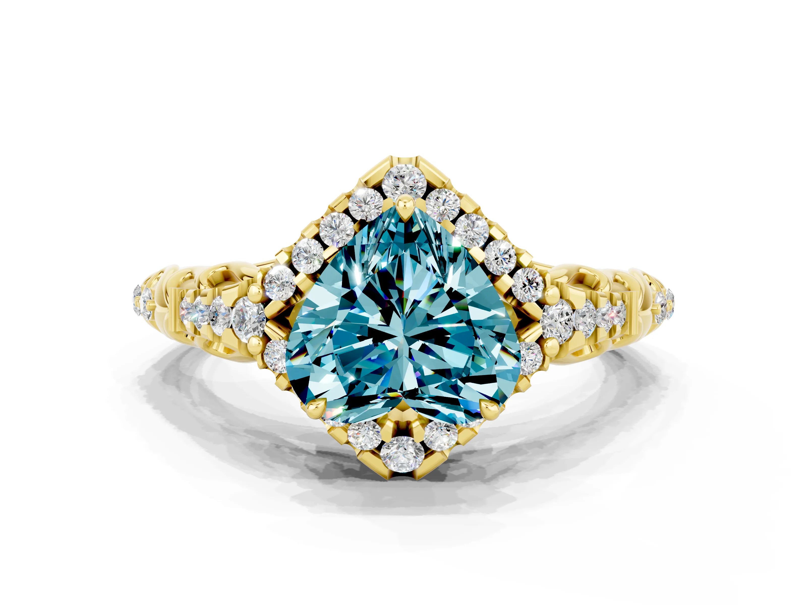 Yellow gold Heart Cut Blue Topaz Solitaire Ring with Hidden Halo and Pavé Band_12