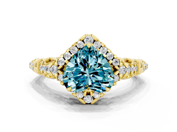 Yellow gold Heart Cut Blue Topaz Solitaire Ring with Hidden Halo and Pavé Band