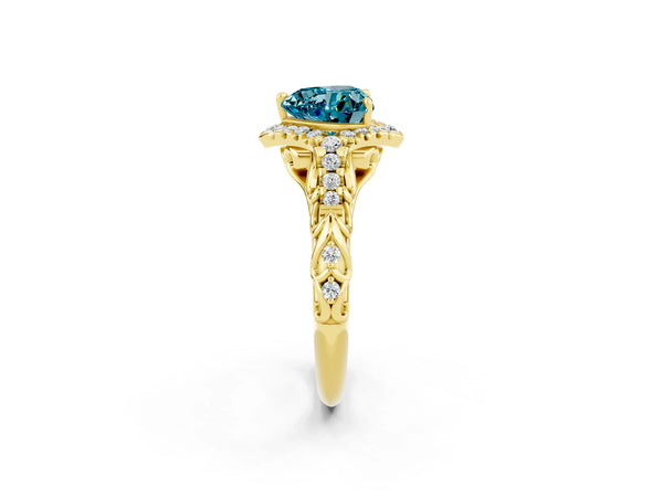Yellow gold Heart Cut Blue Topaz Solitaire Ring with Hidden Halo and Pavé Band