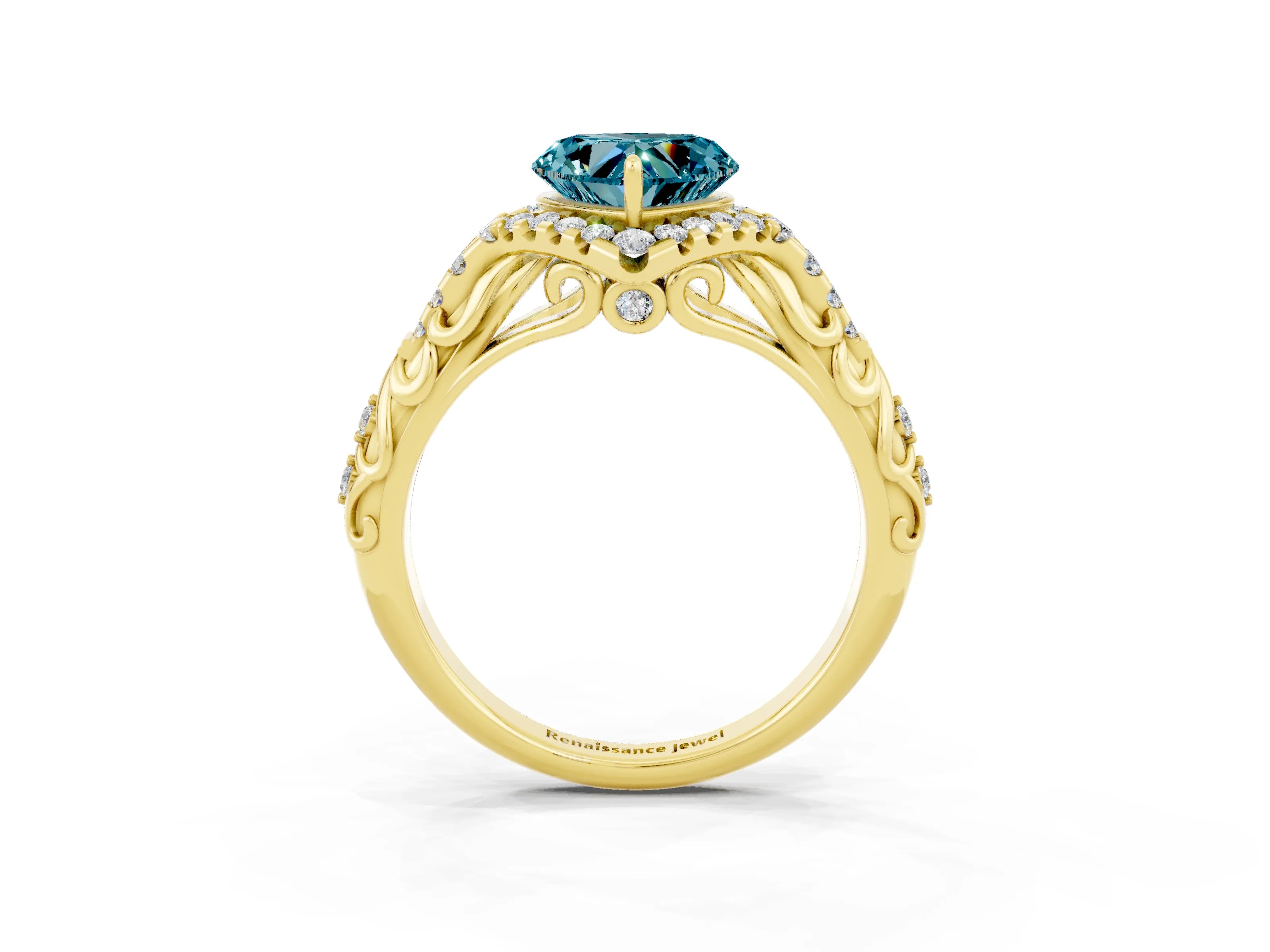 Yellow gold Heart Cut Blue Topaz Solitaire Ring with Hidden Halo and Pavé Band_15
