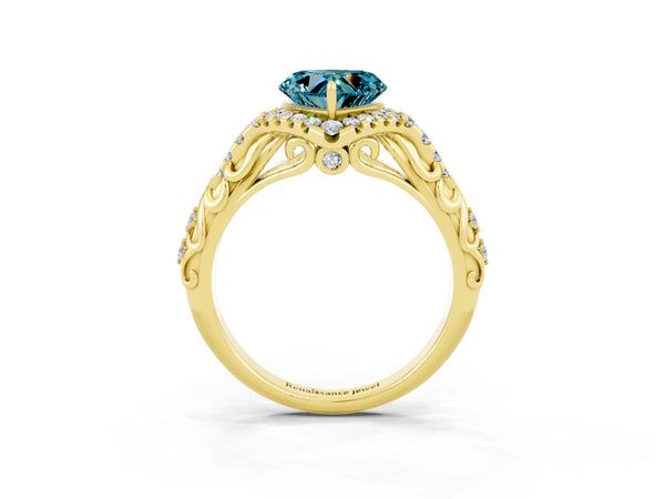 Yellow gold Heart Cut Blue Topaz Solitaire Ring with Hidden Halo and Pavé Band