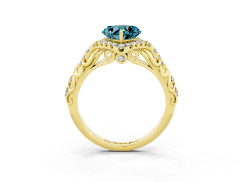 Yellow gold Heart Cut Blue Topaz Solitaire Ring with Hidden Halo and Pavé Band_15
