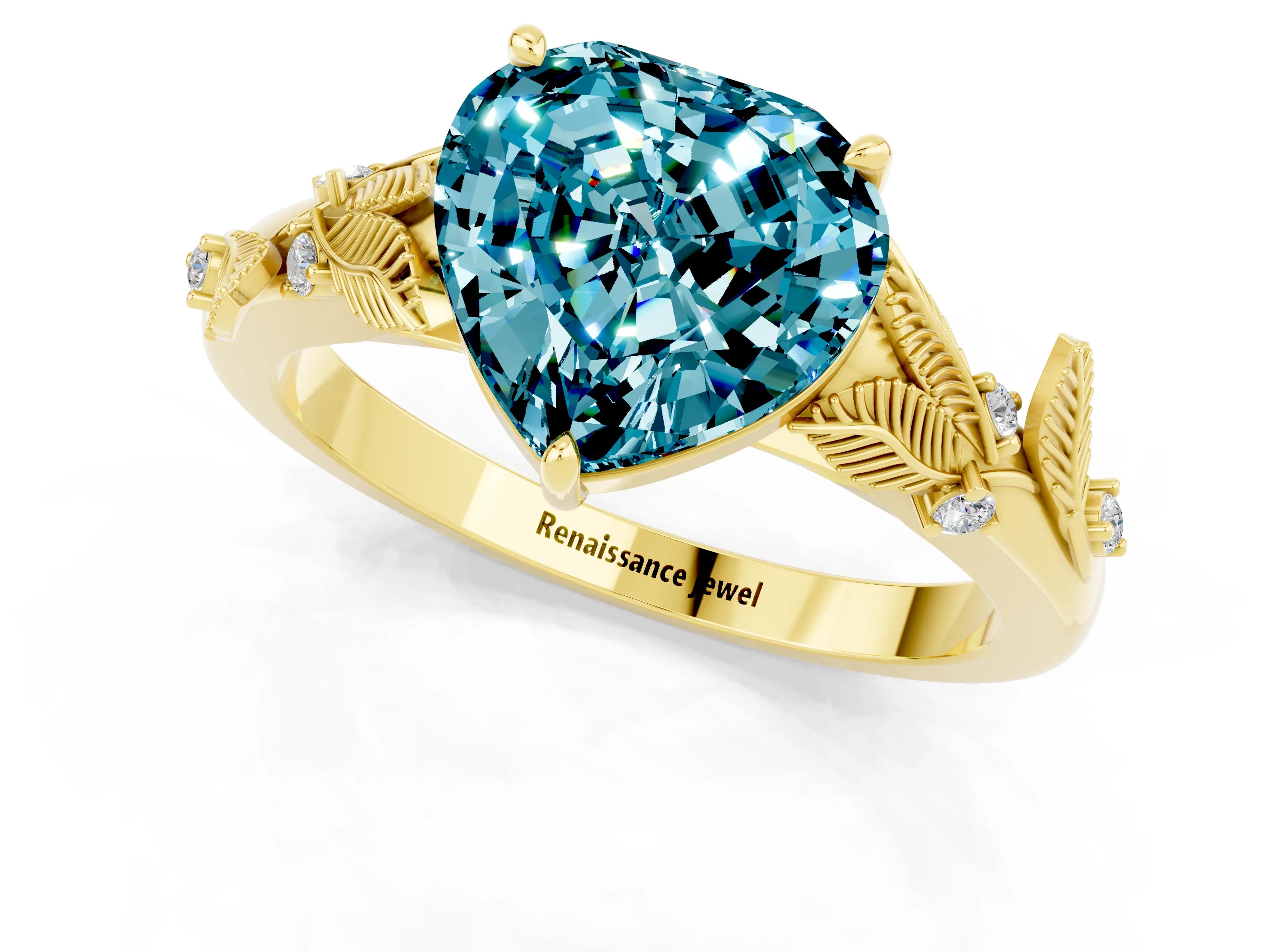 Yellow gold Heart Cut Blue Topaz Solitaire Ring with Leaf Motif Band and Four-Prong Setting_1