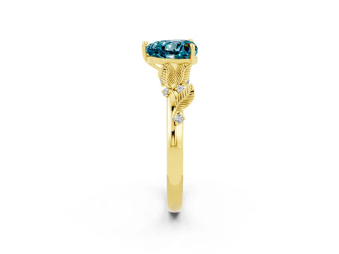 Yellow gold Heart Cut Blue Topaz Solitaire Ring with Leaf Motif Band and Four-Prong Setting_2